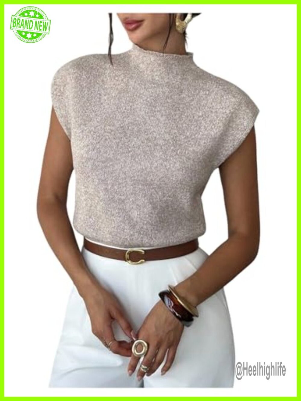 Mock Neck Crop Sweater Cap Sleeve Lightweight Knit Top